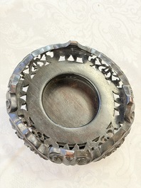 A fine Chinese silver bowl with relief dragon design on reticulated wooden stand, Tai Chang Long 泰昌隆 mark, 19th C.
