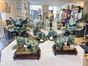 A pair of large Chinese polychrome-glazed Shiwan stoneware Buddhist lions, 19th C.