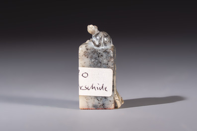 A Chinese soapstone seal with a carved mythical animal, inscribed Ying Hua Hong Bai Shang 樱花红陌上, 19/20th C.