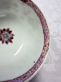 Three Chinese famille rose 'Birds and Plum Trees' cups and saucers, Yongzheng