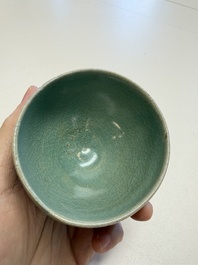 A fine Korean celadon tea bowl with its original stand, Goryeo, 12th C.