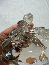 Three Chinese rock crystal sculptures on wooden stands, Republic