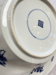 Eleven Chinese blue and white gadrooned 'Flowers and Peacocks' plates, Kangxi