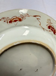 Three Chinese famille verte plates with floral design, one powder-blue-ground, Kangxi
