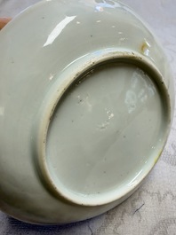 Three Chinese famille rose 'Birds and Plum Trees' cups and saucers, Yongzheng