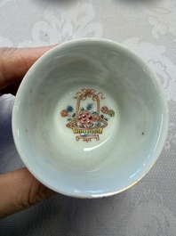Six Chinese famille rose gilt-decorated 'Flower Basket' cups and saucers, Yongzheng/Qianlong