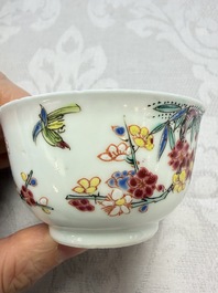Three Chinese famille rose 'Birds and Plum Trees' cups and saucers, Yongzheng