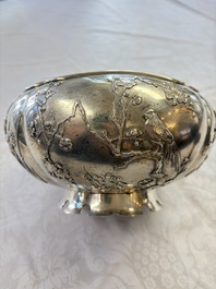 A fine Chinese silver bowl with relief dragon design on reticulated wooden stand, Tai Chang Long 泰昌隆 mark, 19th C.