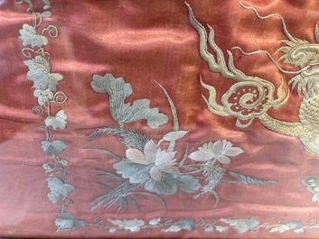 A Vietnamese mother-of-pearl-inlaid wooden 'Fishermen' table screen and an embroidered silk 'Dragon' panel, 19th C.