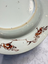 Three Chinese famille verte plates with floral design, one powder-blue-ground, Kangxi