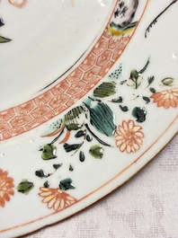 Three Chinese famille verte plates with floral design, one powder-blue-ground, Kangxi