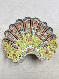 A Chinese Canton enamel shell-shaped basin with floral design, Yongzheng/Qianlong