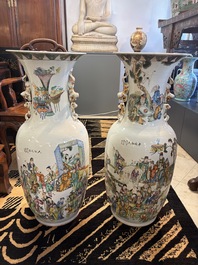 A pair of massive Chinese famille rose 'Ren Lun Zhi Zhi 人倫之至' and 'Xiao Gan Dong Tian 孝感動天' vases, signed Pan Zhaotang 潘肇唐, dated 1919