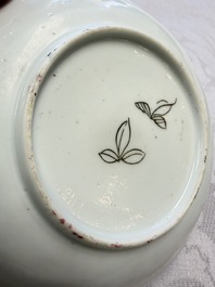 Three Chinese famille rose 'Birds and Plum Trees' cups and saucers, Yongzheng