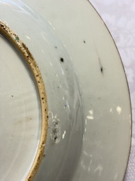 Three Chinese famille verte plates with floral design, one powder-blue-ground, Kangxi