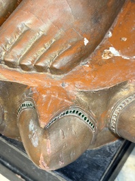 A very large Burmese mica-inlaid gilt-lacquered wooden Mandaly Buddha, 20th C.