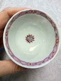 Three Chinese famille rose 'Birds and Plum Trees' cups and saucers, Yongzheng