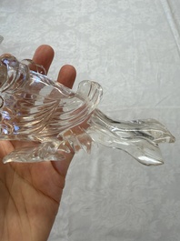 Three Chinese rock crystal sculptures on wooden stands, Republic