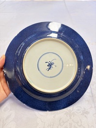 Three Chinese famille verte plates with floral design, one powder-blue-ground, Kangxi
