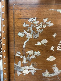 A Vietnamese mother-of-pearl-inlaid wooden 'Fishermen' table screen and an embroidered silk 'Dragon' panel, 19th C.