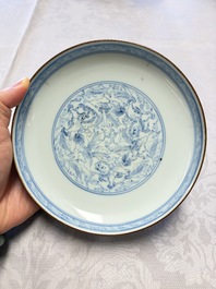 A Chinese blue and white pencil-style 'Buddhist Lions' plate, Chenghua mark, Shunzhi/Kangxi