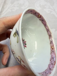 Three Chinese famille rose 'Birds and Plum Trees' cups and saucers, Yongzheng