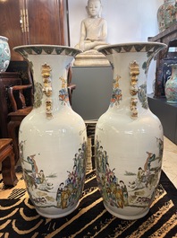 A pair of massive Chinese famille rose 'Ren Lun Zhi Zhi 人倫之至' and 'Xiao Gan Dong Tian 孝感動天' vases, signed Pan Zhaotang 潘肇唐, dated 1919