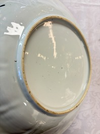 A pair of Chinese blue and white moulded dishes with dancing ladies, Kangxi