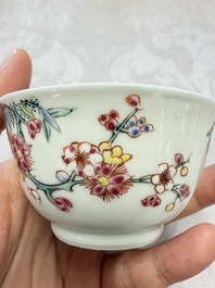 Three Chinese famille rose 'Birds and Plum Trees' cups and saucers, Yongzheng