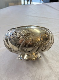 A fine Chinese silver bowl with relief dragon design on reticulated wooden stand, Tai Chang Long 泰昌隆 mark, 19th C.