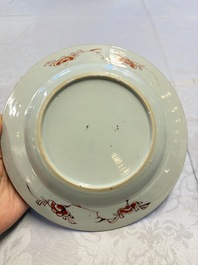 Three Chinese famille verte plates with floral design, one powder-blue-ground, Kangxi
