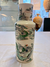 A Chinese famille verte 'Zhang Jiang Men 章江門' rouleau vase, 19th C.