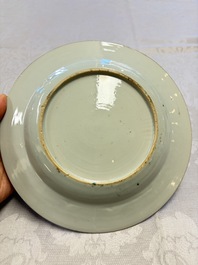 Three Chinese famille verte plates with floral design, one powder-blue-ground, Kangxi