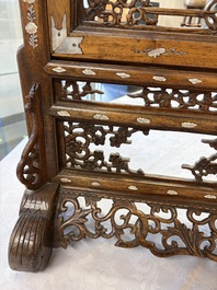 A Vietnamese mother-of-pearl-inlaid wooden 'Fishermen' table screen and an embroidered silk 'Dragon' panel, 19th C.