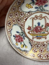 Six Chinese famille rose gilt-decorated 'Flower Basket' cups and saucers, Yongzheng/Qianlong