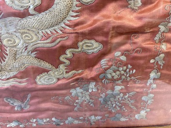 A Vietnamese mother-of-pearl-inlaid wooden 'Fishermen' table screen and an embroidered silk 'Dragon' panel, 19th C.