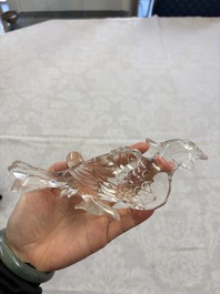 Three Chinese rock crystal sculptures on wooden stands, Republic