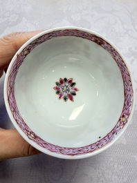 Three Chinese famille rose 'Birds and Plum Trees' cups and saucers, Yongzheng