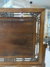 A Vietnamese mother-of-pearl-inlaid wooden 'Fishermen' table screen and an embroidered silk 'Dragon' panel, 19th C.