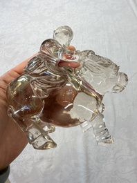 Three Chinese rock crystal sculptures on wooden stands, Republic
