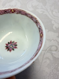Three Chinese famille rose 'Birds and Plum Trees' cups and saucers, Yongzheng