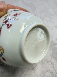 Three Chinese famille rose 'Birds and Plum Trees' cups and saucers, Yongzheng