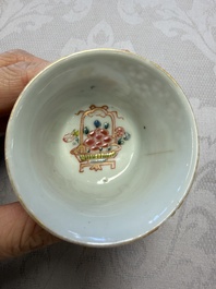 Six Chinese famille rose gilt-decorated 'Flower Basket' cups and saucers, Yongzheng/Qianlong