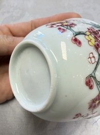 Three Chinese famille rose 'Birds and Plum Trees' cups and saucers, Yongzheng