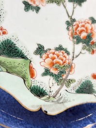 Three Chinese famille verte plates with floral design, one powder-blue-ground, Kangxi