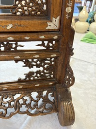 A Vietnamese mother-of-pearl-inlaid wooden 'Fishermen' table screen and an embroidered silk 'Dragon' panel, 19th C.