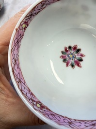 Three Chinese famille rose 'Birds and Plum Trees' cups and saucers, Yongzheng