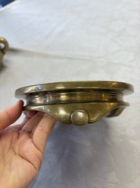A fine Chinese bronze censer with loop handles and stand, Xuande mark, 18th C.