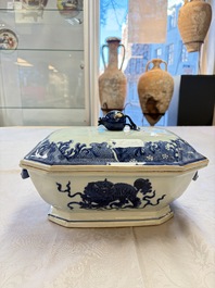 A Chinese blue and white 'Buddhist Lion' tureen and cover, Qianlong