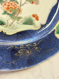 Three Chinese famille verte plates with floral design, one powder-blue-ground, Kangxi